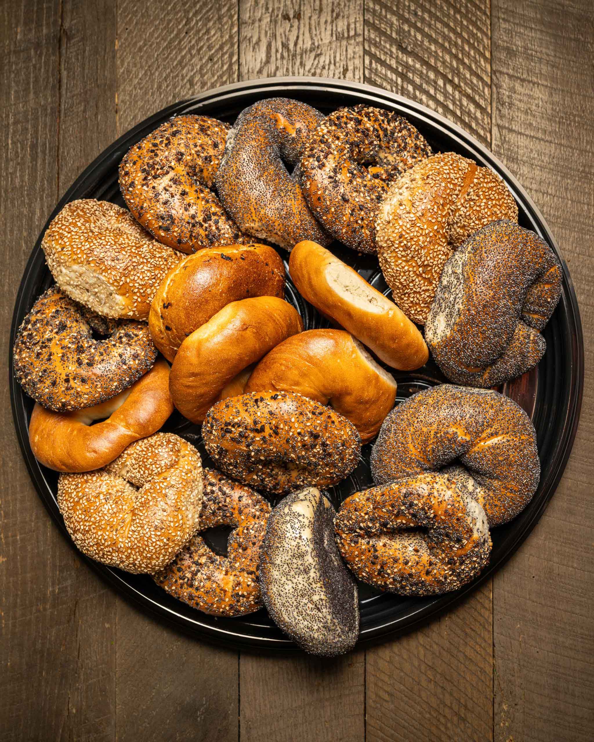 overhead view of a platter of bagels from Winston's CUP Cafe